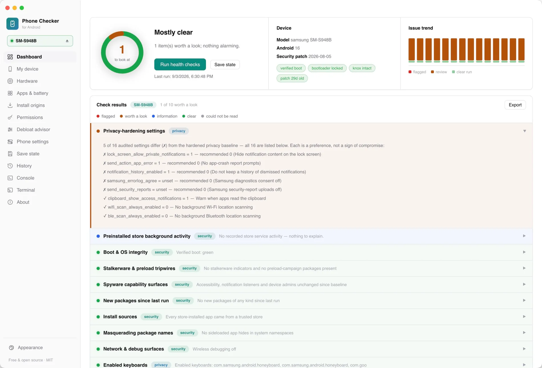 The Phone Checker dashboard, showing a summary verdict, device chips and the expanded check results