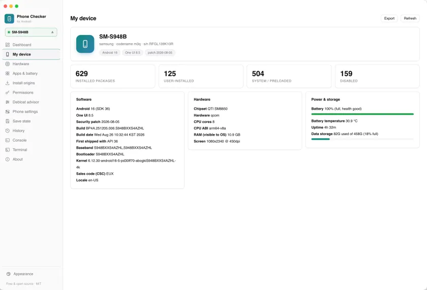 The My device page, listing software identity, package counts, hardware and power