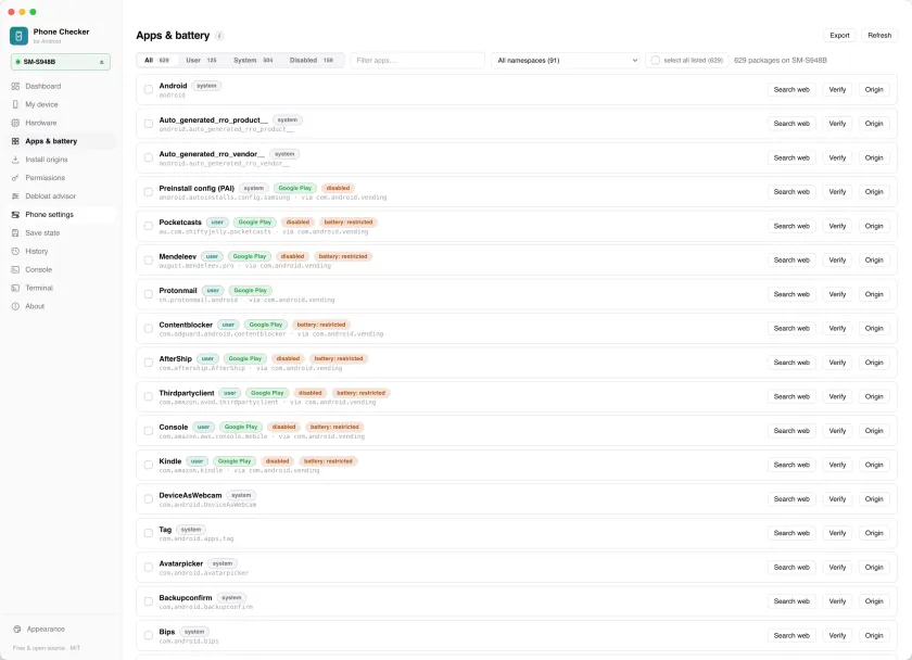 The Apps and battery list, showing each package with badges for its source and state