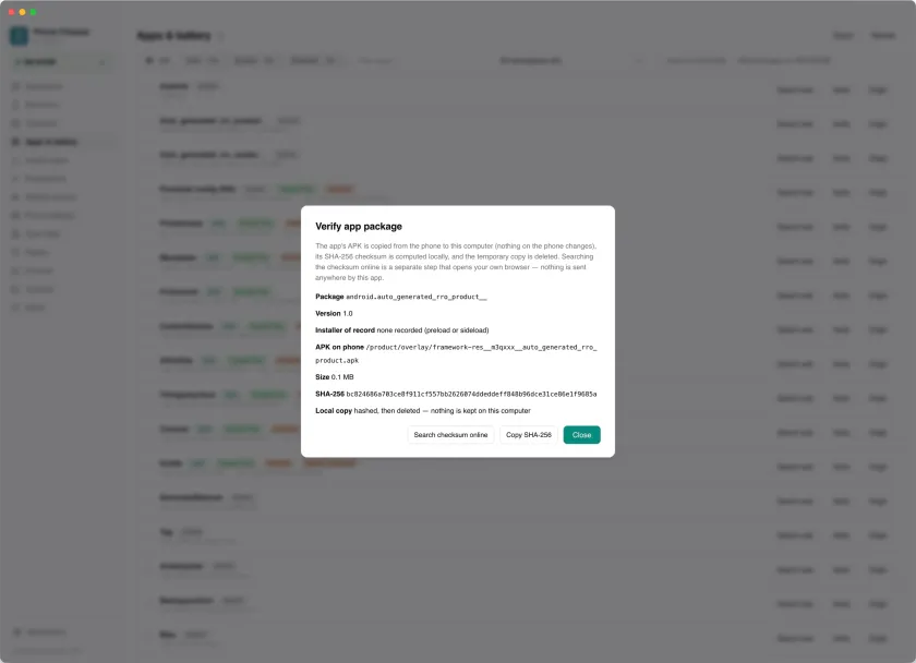 The Verify app package dialog, showing the locally computed SHA-256 of an APK