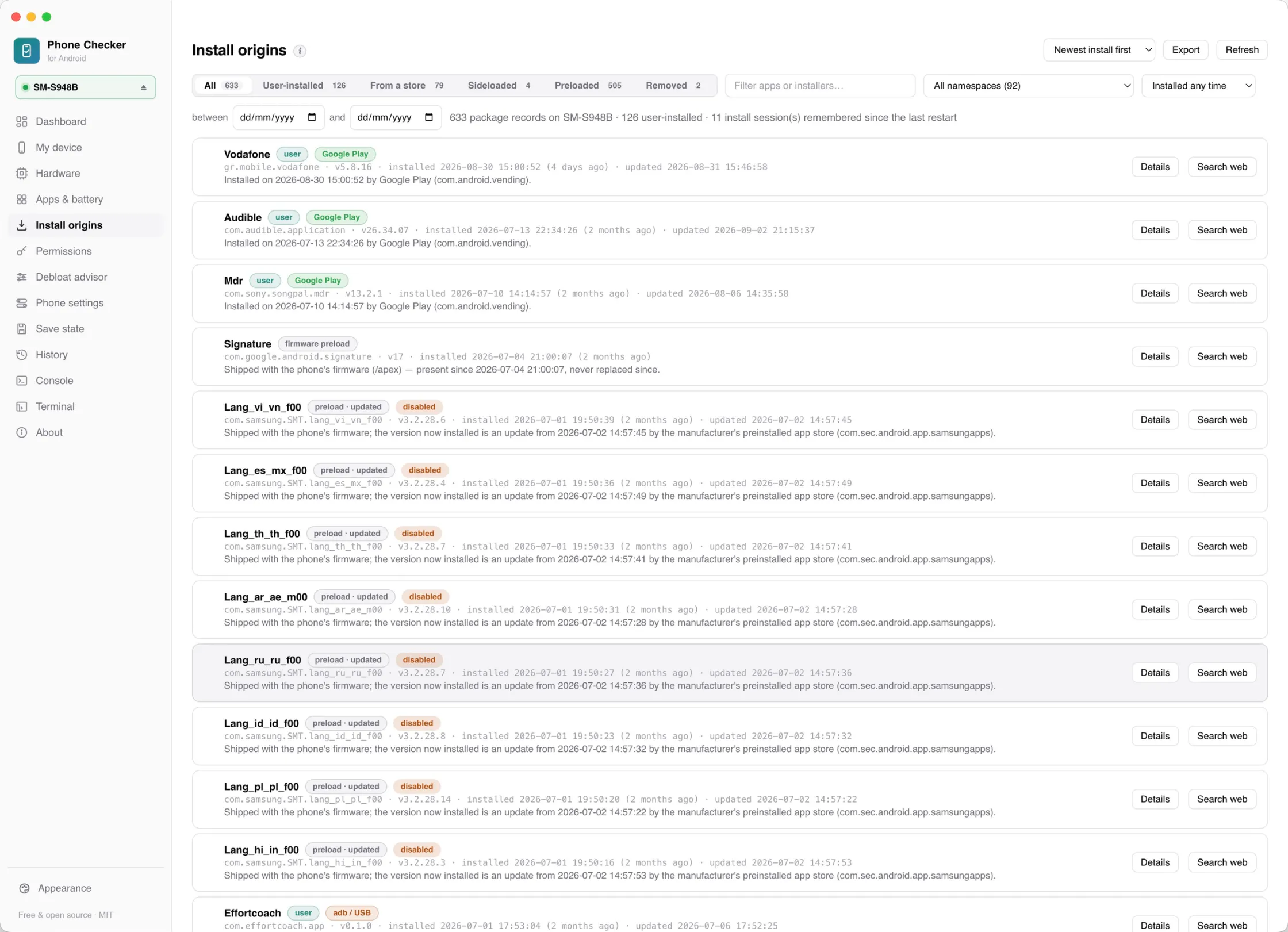 The Install origins list, showing how each package arrived and when