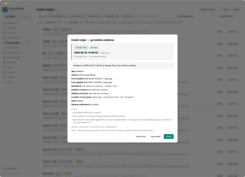 An install origin detail dialog for a store-installed app, with dates, installer and notes