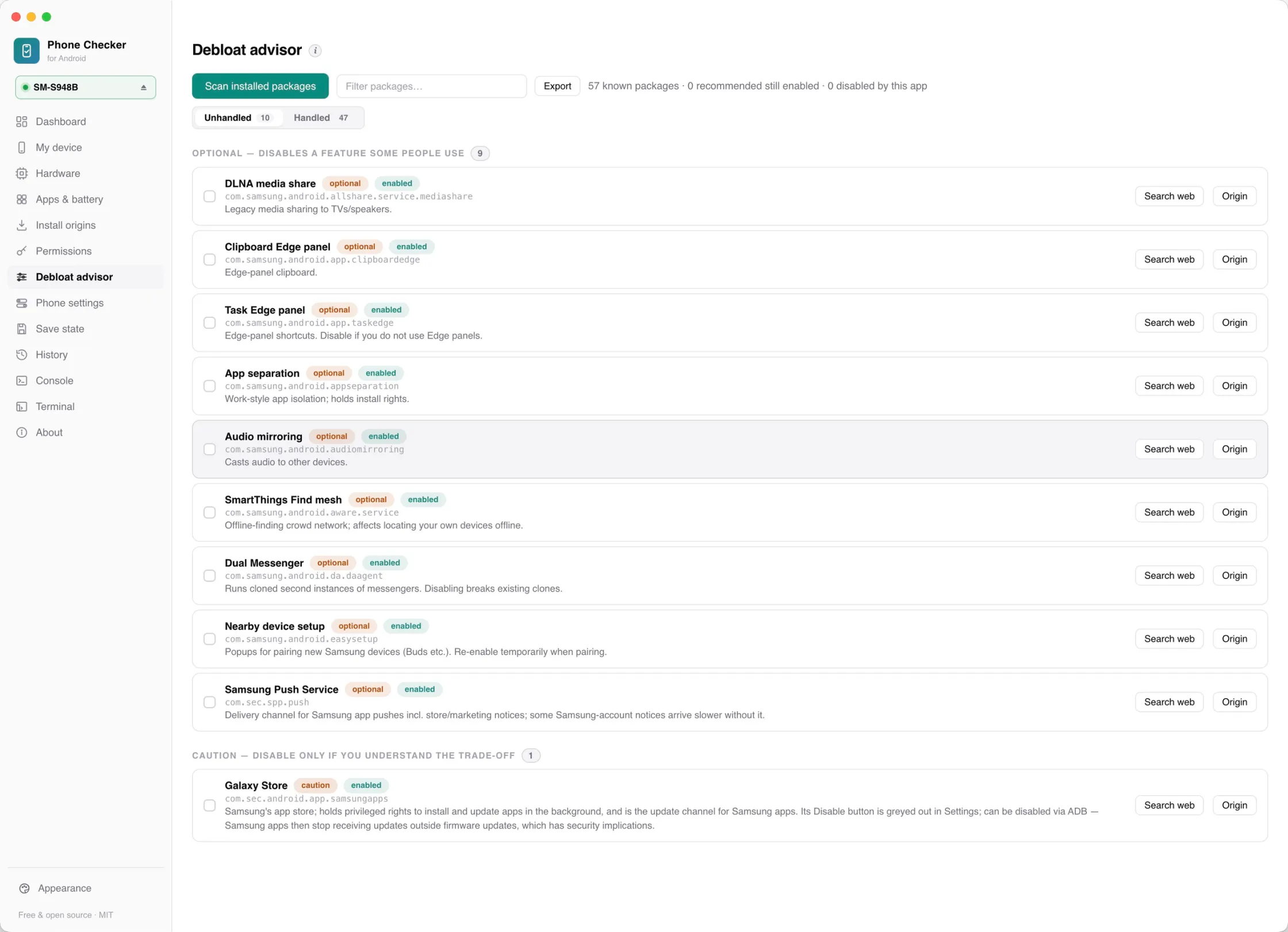 The Debloat advisor, listing optional and caution packages with what disabling each one costs