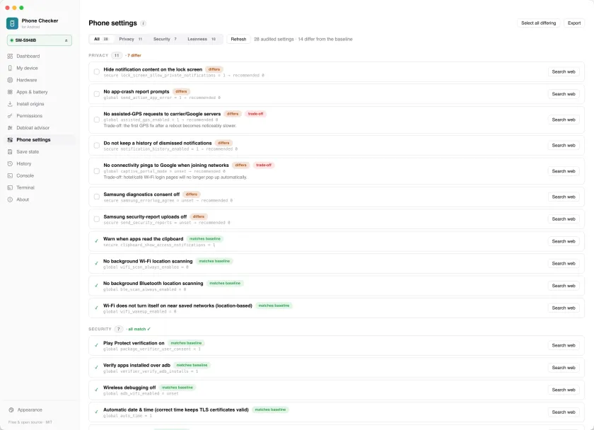 The Phone settings page, comparing audited settings against a hardened baseline