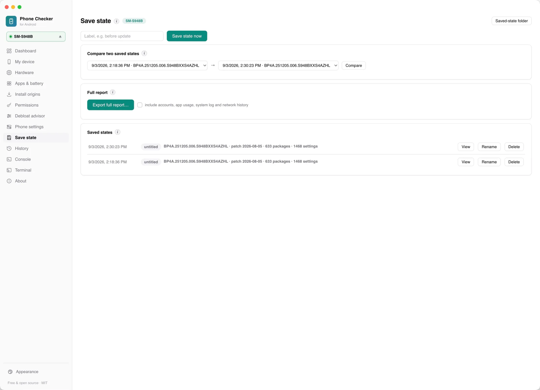 The Save state page, with saved snapshots and the full report export
