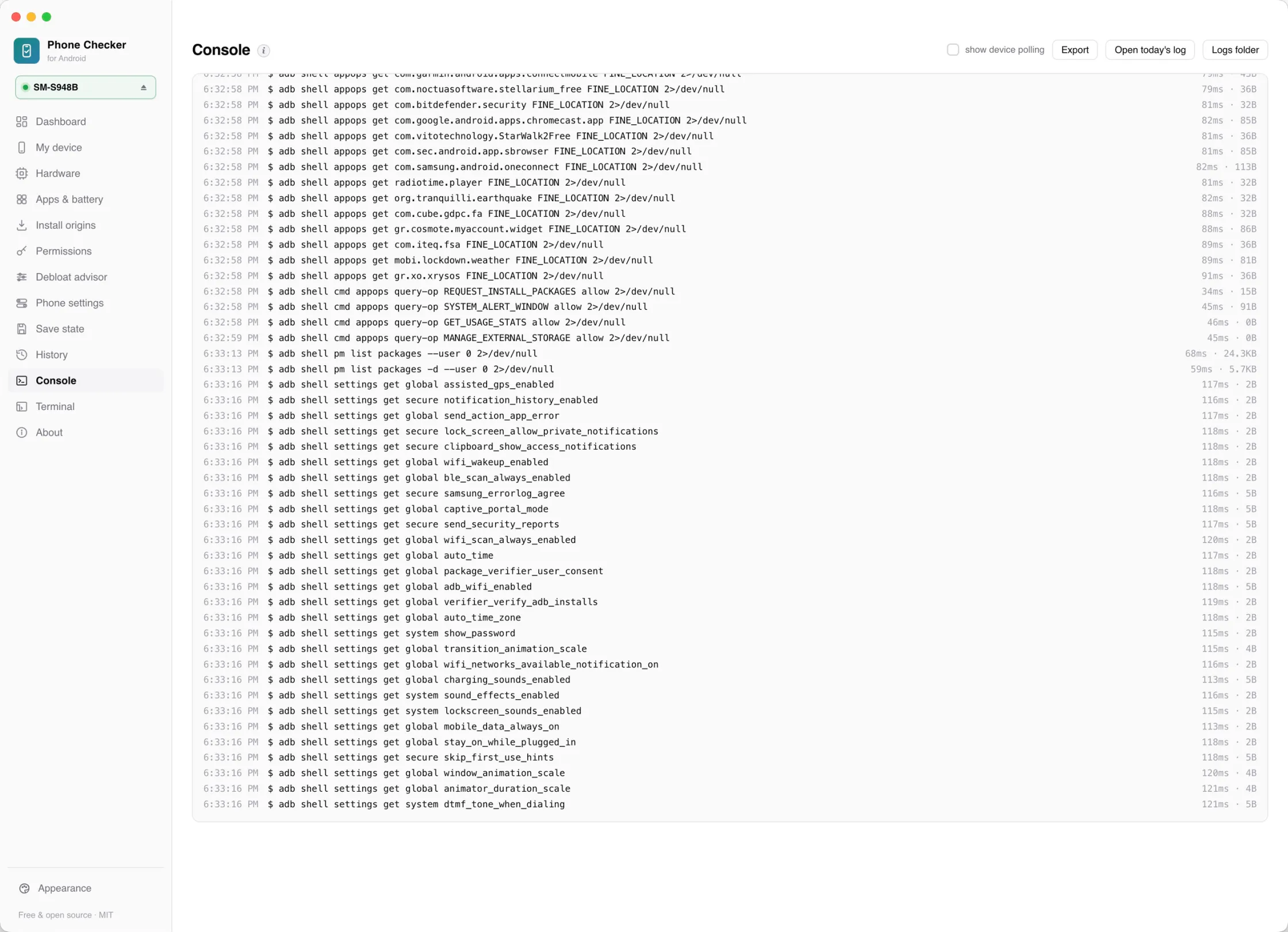 The Console, showing every adb command the app ran with its duration and response size