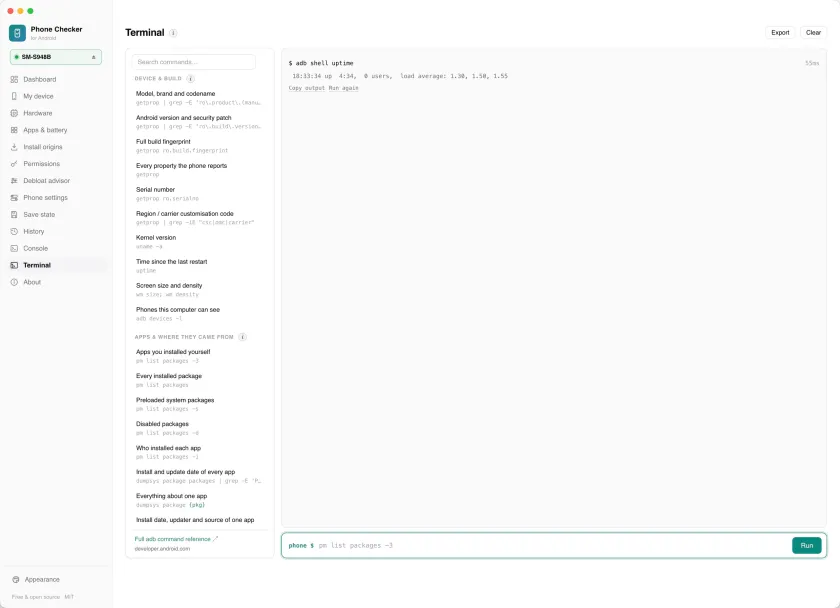 The Terminal, with a searchable command library beside a command and its output