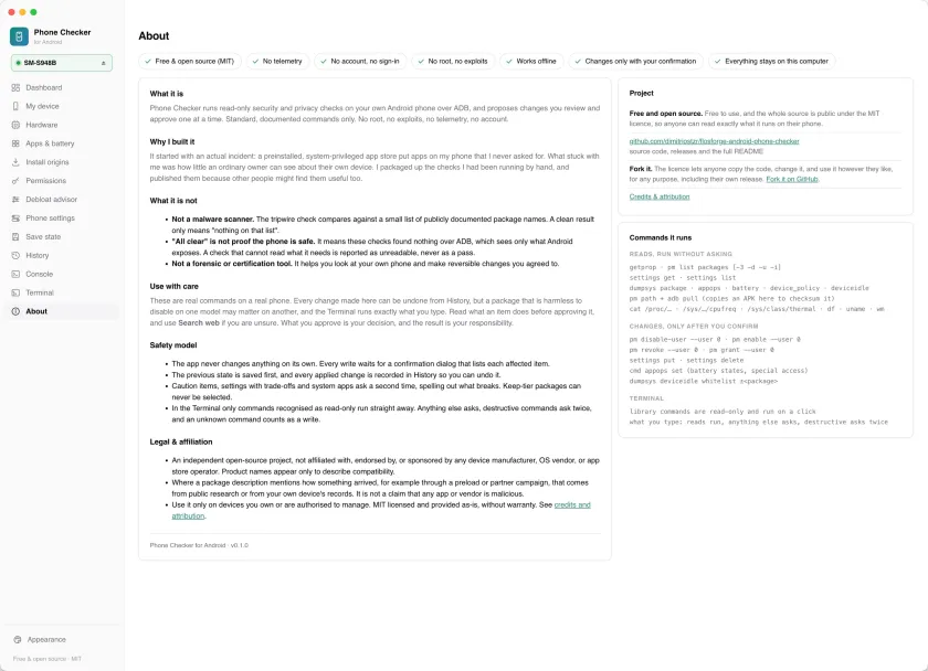 The About page, stating what the app is, what it is not, and the commands it runs