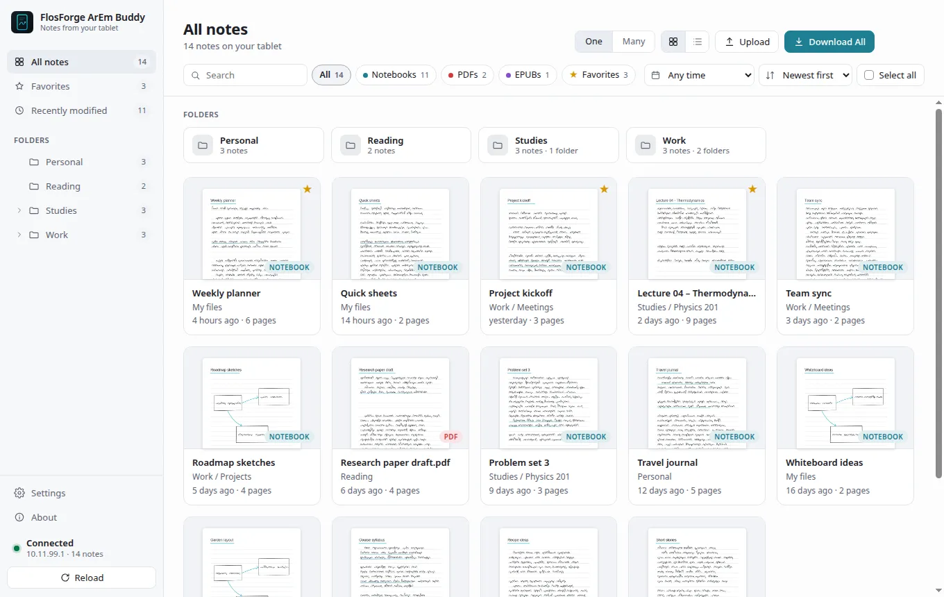 FlosForge ArEm Buddy library: folder tiles and a grid of notebook thumbnails with page counts