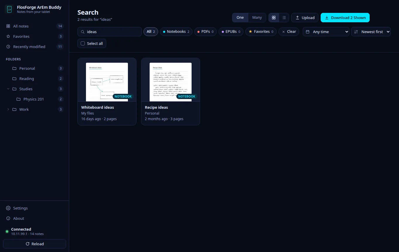 Search results for “ideas” in the dark Sprawl theme, two notebooks found