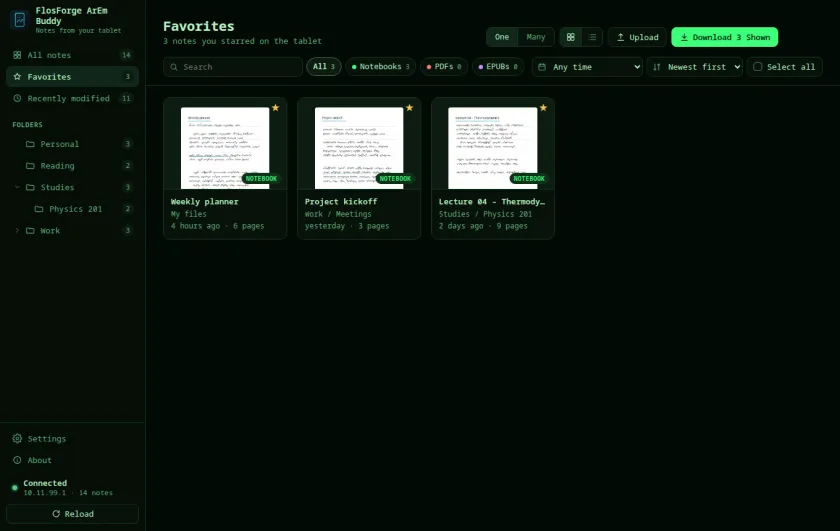 Favorites view in the green Phosphor theme with three starred notebooks
