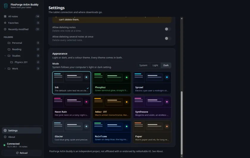 Settings in dark mode: the delete switches greyed out, and nine colour themes