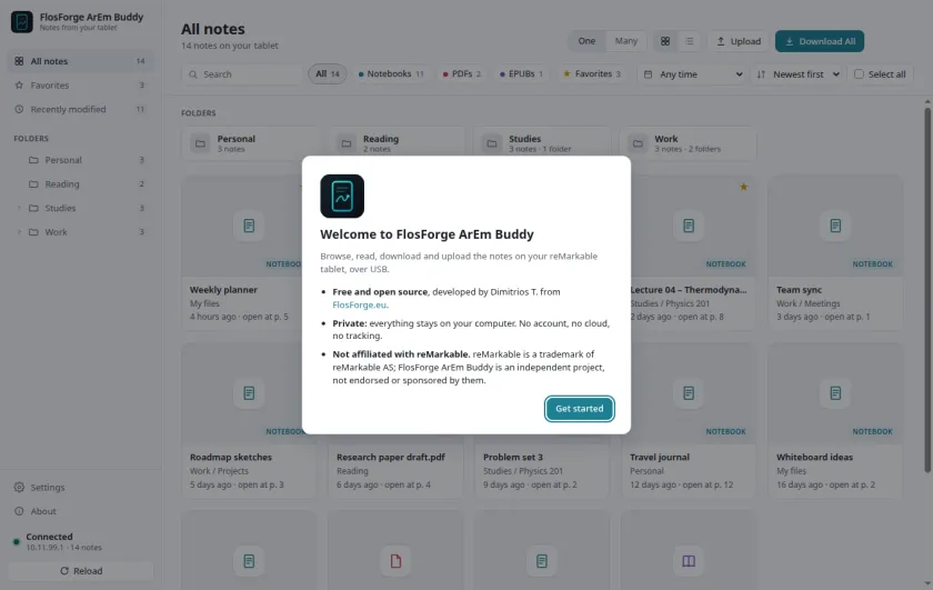 The welcome dialog on first launch over the library