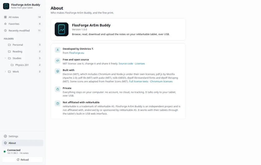 The About screen: version, developer, MIT licence, the software it is built with, and privacy