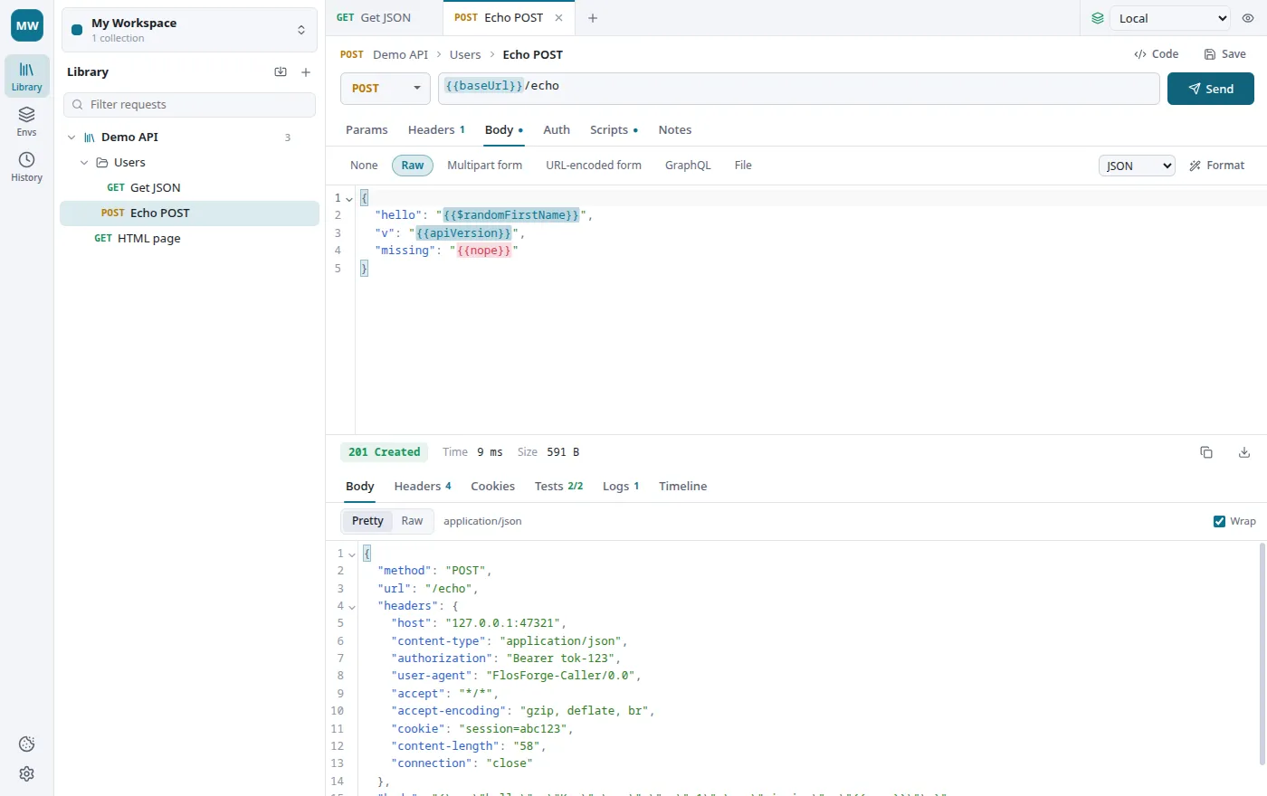 FlosForge Caller in light mode: a POST request with a JSON body and variables, and the echoed JSON response below