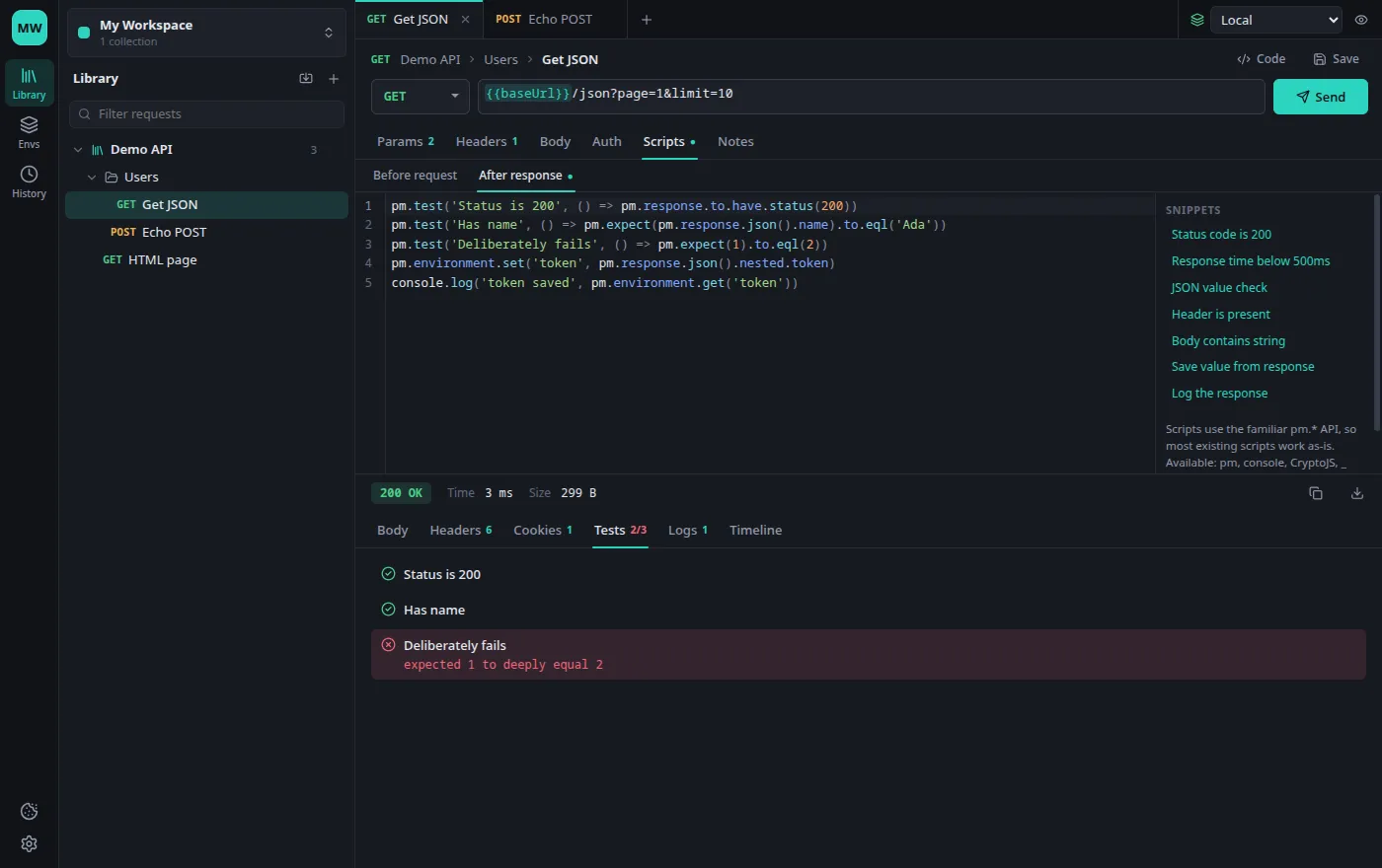 FlosForge Caller in dark mode: post-response test script, snippets list and test results with one failure