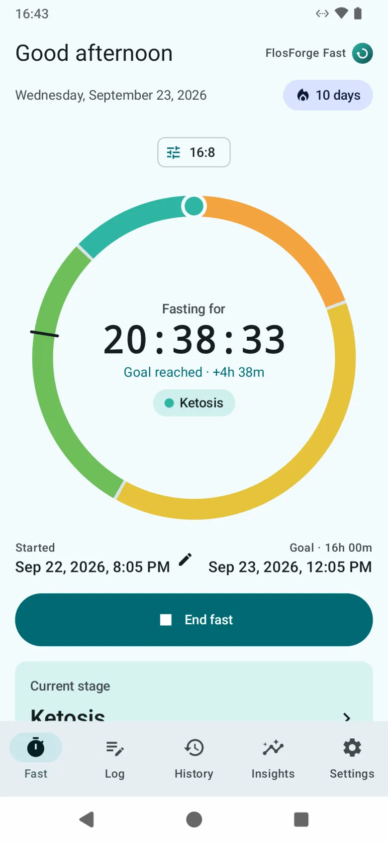 The Fast tab during a 16:8 fast, with the stage ring past its goal and the current stage marked as ketosis