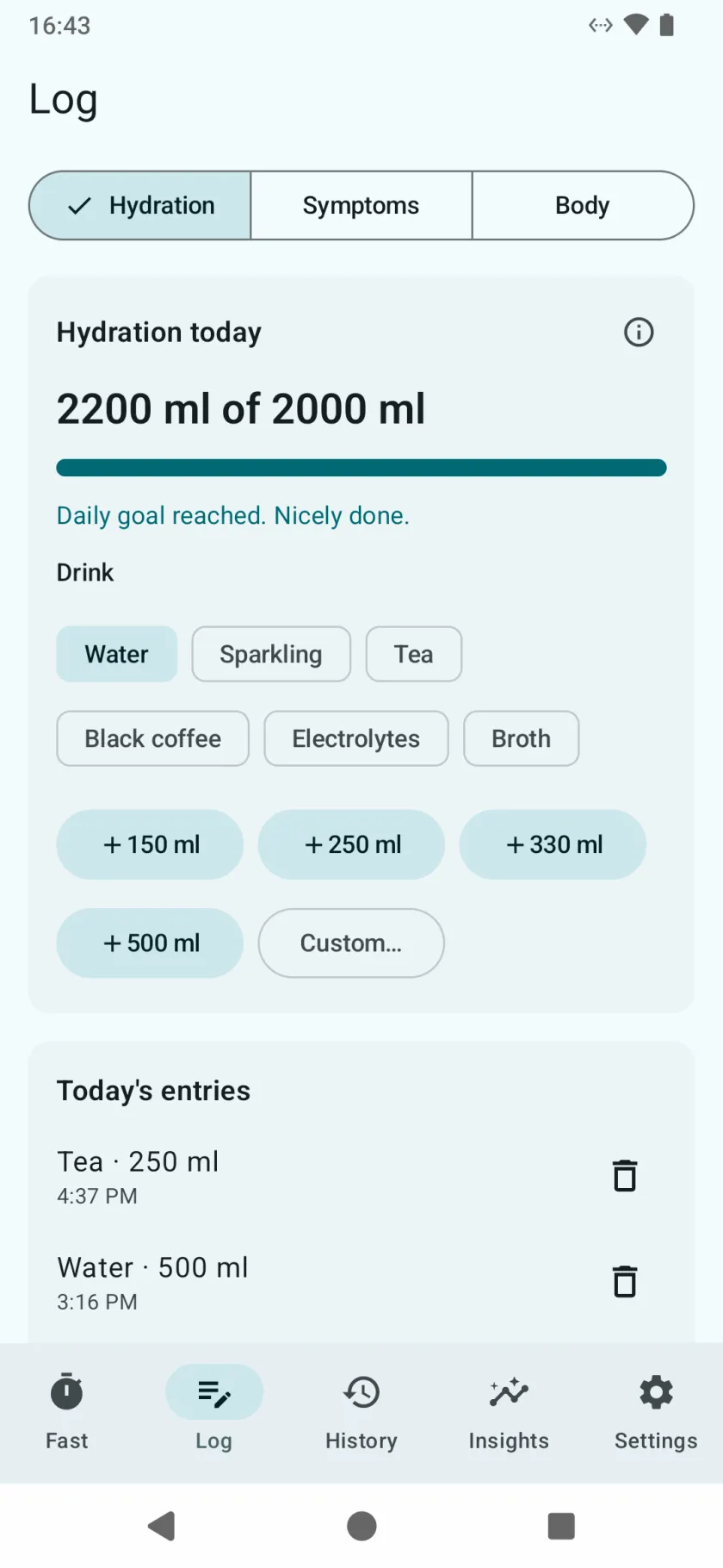 The Log tab on Hydration, with today’s total against the goal, the drink types, quick amounts and today’s entries