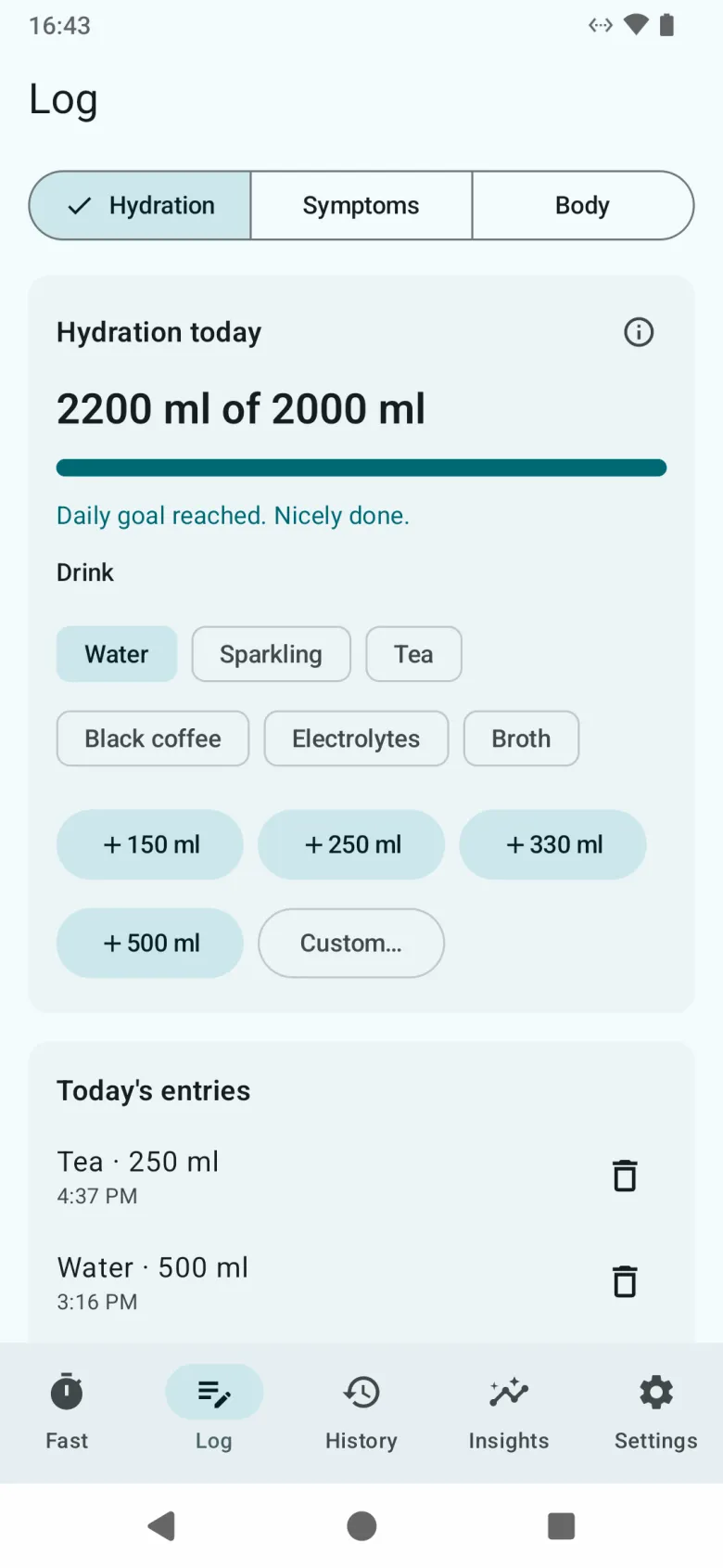 The Log tab on Hydration, with today’s total against the goal, the drink types, quick amounts and today’s entries