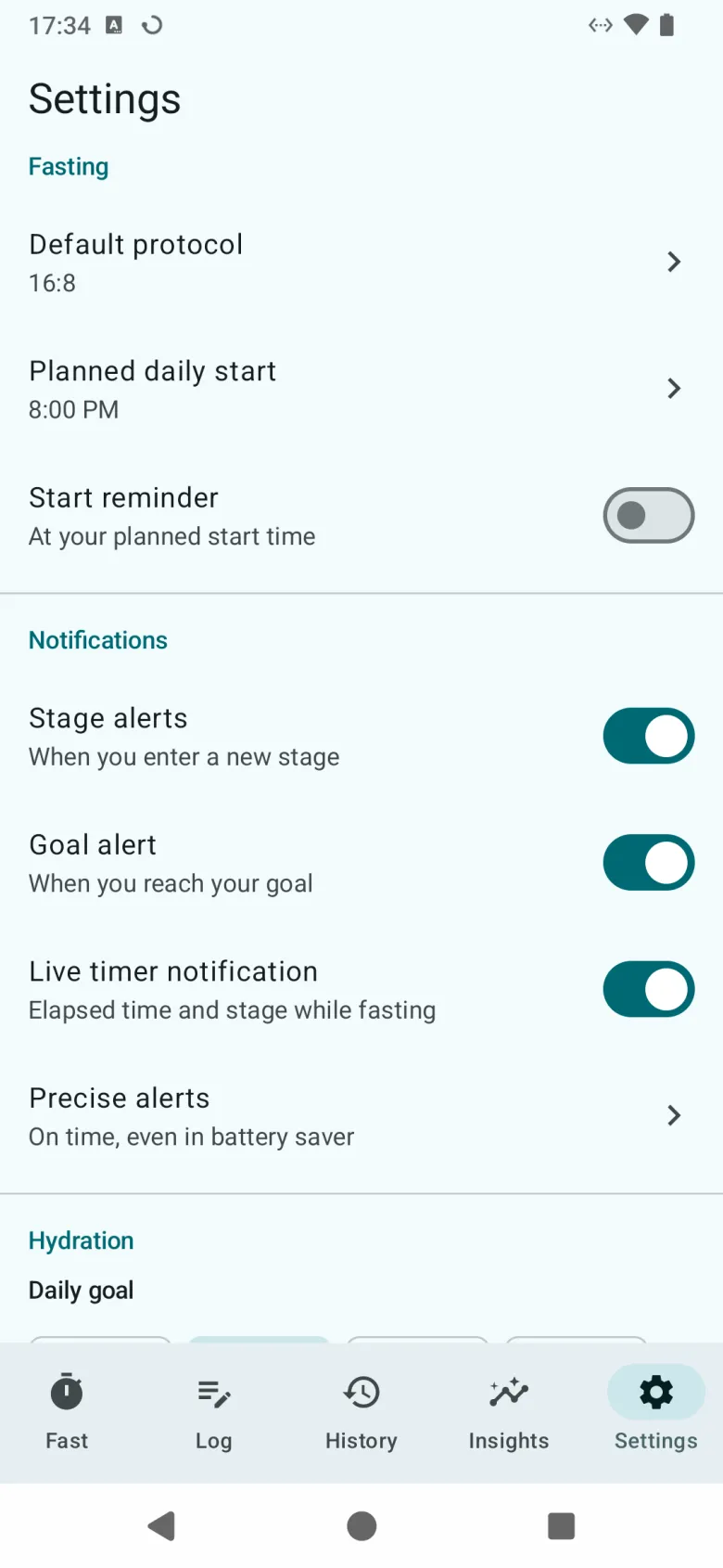 Settings, with the default protocol, planned daily start and start reminder, and switches for stage, goal and live-timer notifications