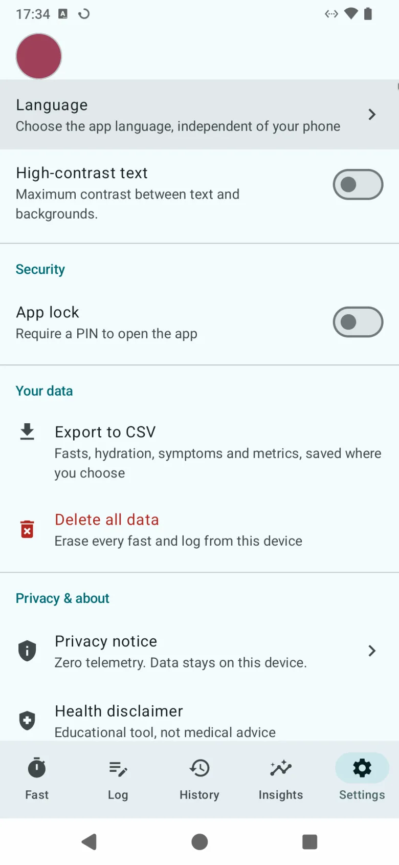Further down Settings: language, high-contrast text, app lock, Export to CSV, Delete all data, and the privacy notice and health disclaimer