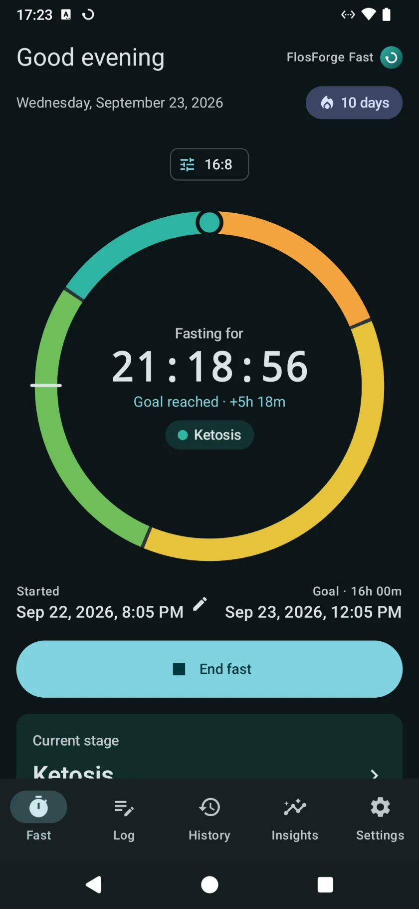 The Fast tab during a 16:8 fast, with the stage ring past its goal and the current stage marked as ketosis
