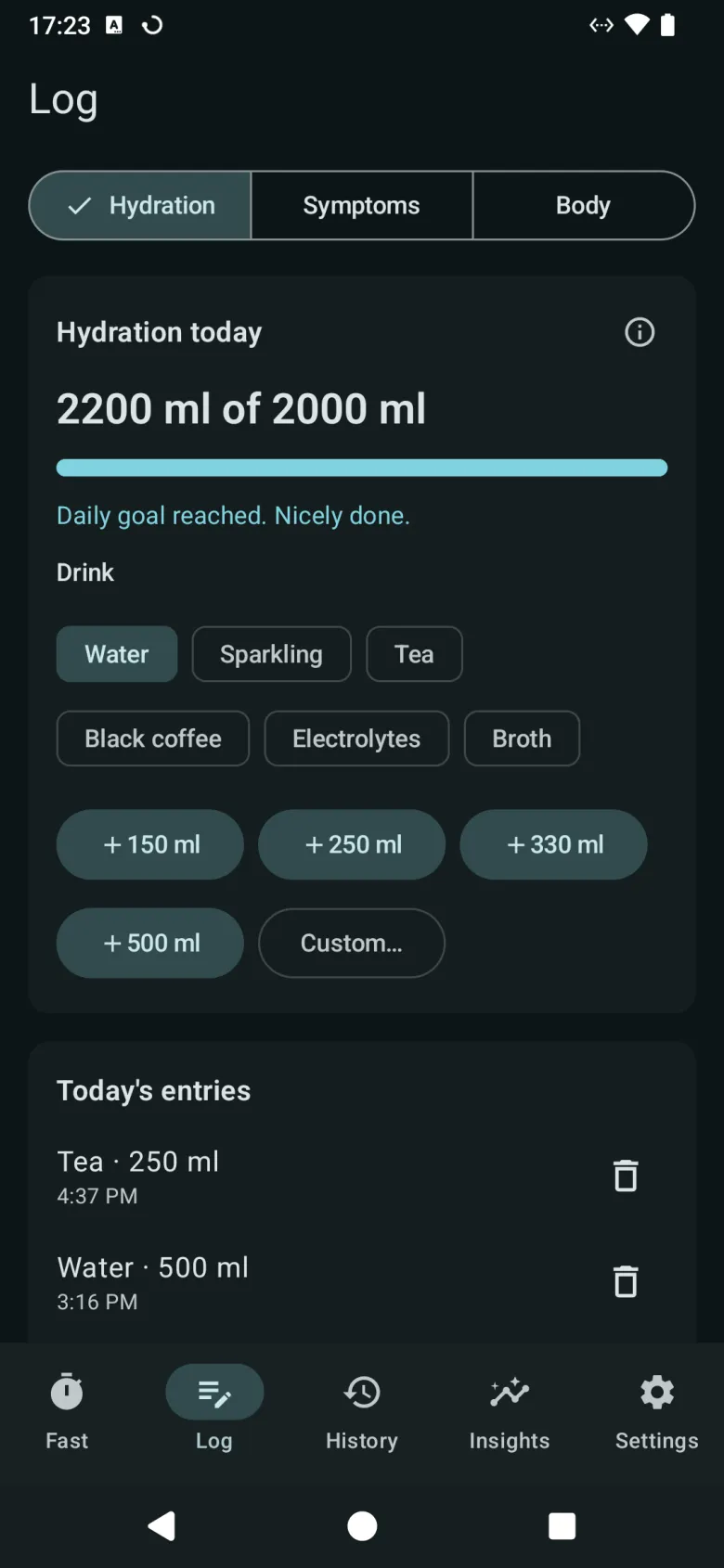 The Log tab on Hydration, with today’s total against the goal, the drink types, quick amounts and today’s entries