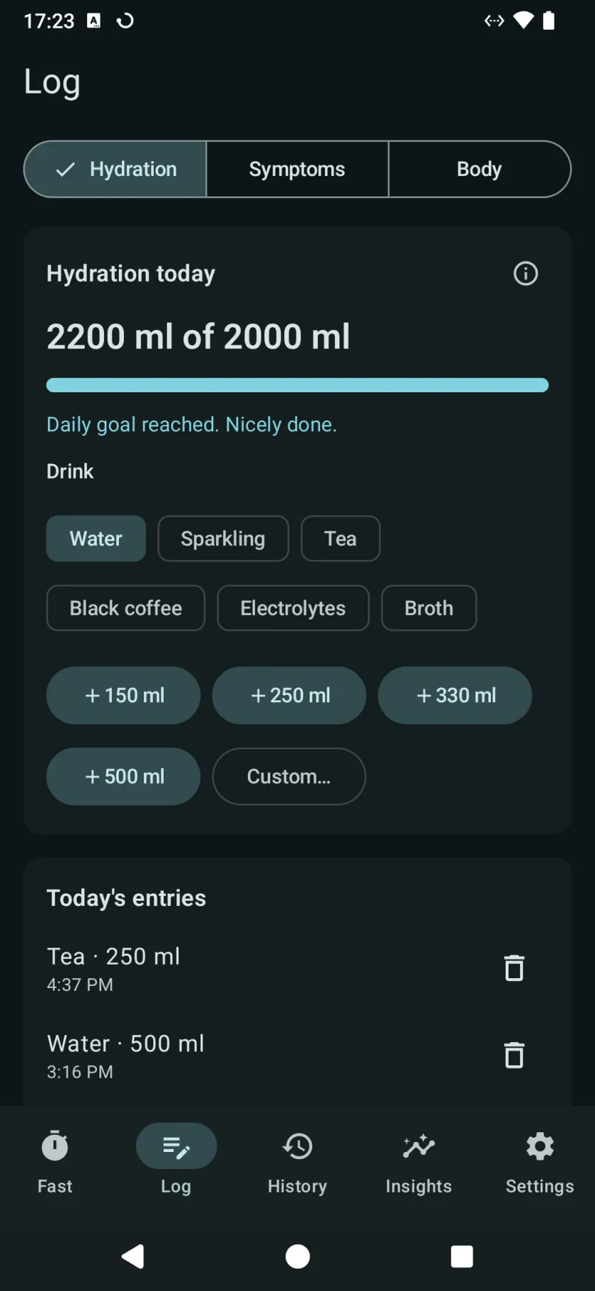 The Log tab on Hydration, with today’s total against the goal, the drink types, quick amounts and today’s entries