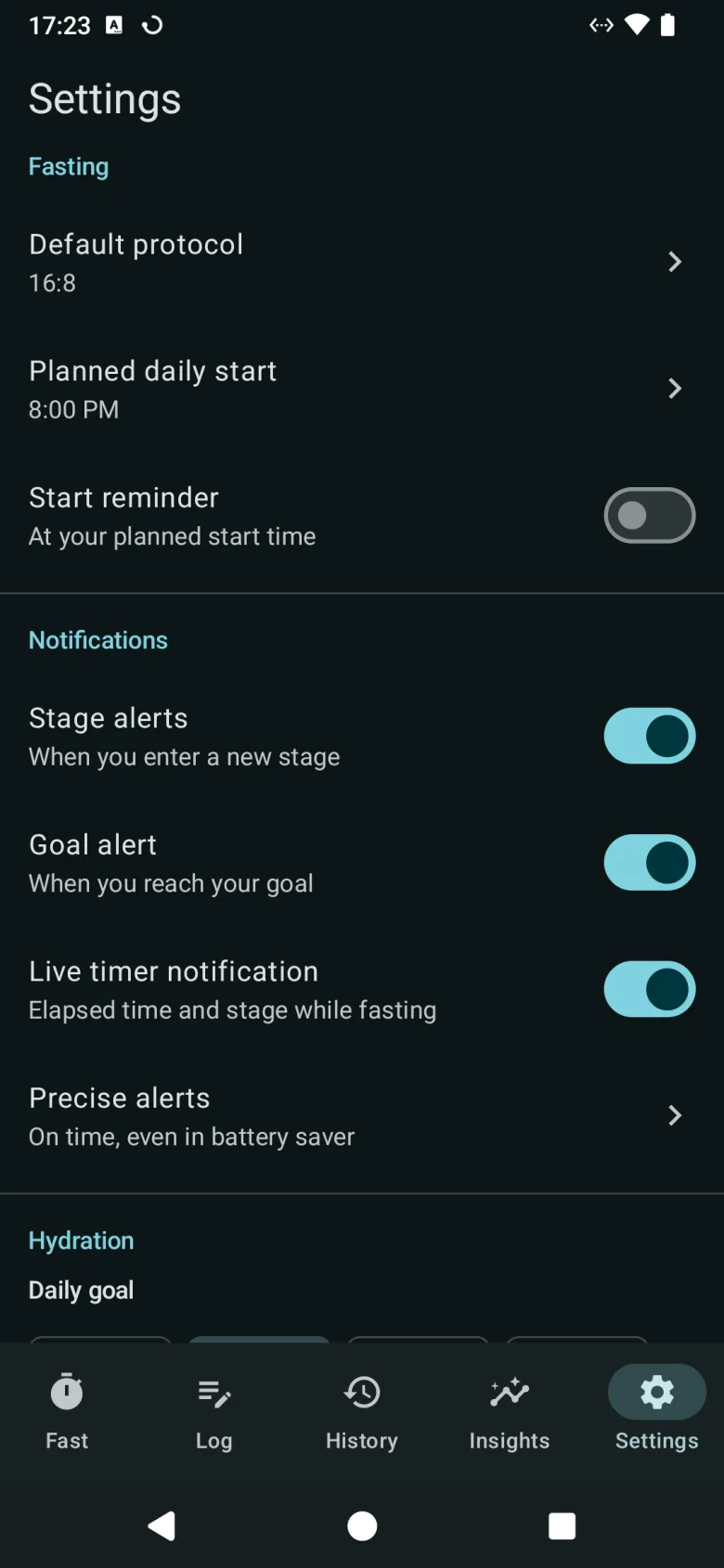 Settings, with the default protocol, planned daily start and start reminder, and switches for stage, goal and live-timer notifications