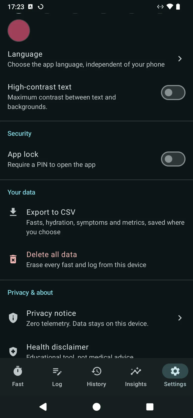 Further down Settings: language, high-contrast text, app lock, Export to CSV, Delete all data, and the privacy notice and health disclaimer