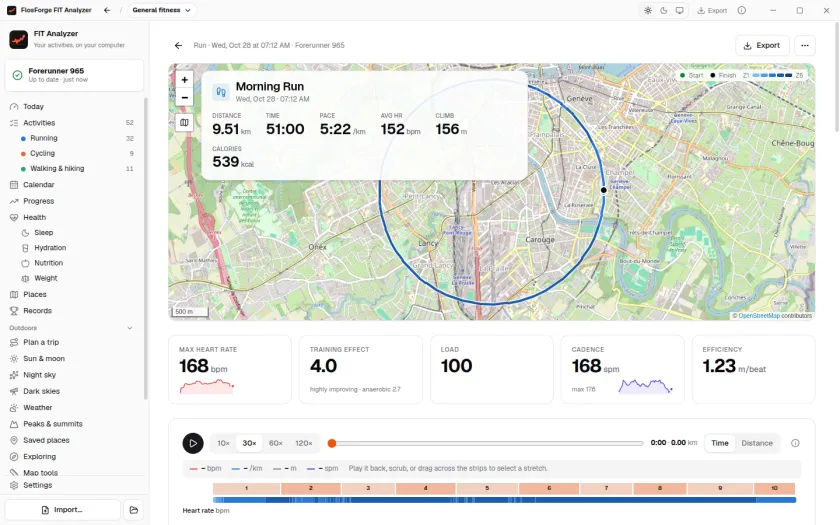 A morning run replayed on an OpenStreetMap map, with distance, time, pace, heart rate and climb above the route, and training effect, load and cadence below it