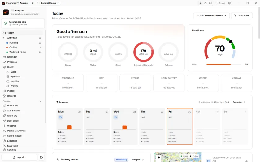 The Today page: a readiness gauge at 70, rings for steps, water, sleep, intensity minutes and calories, and the week day by day