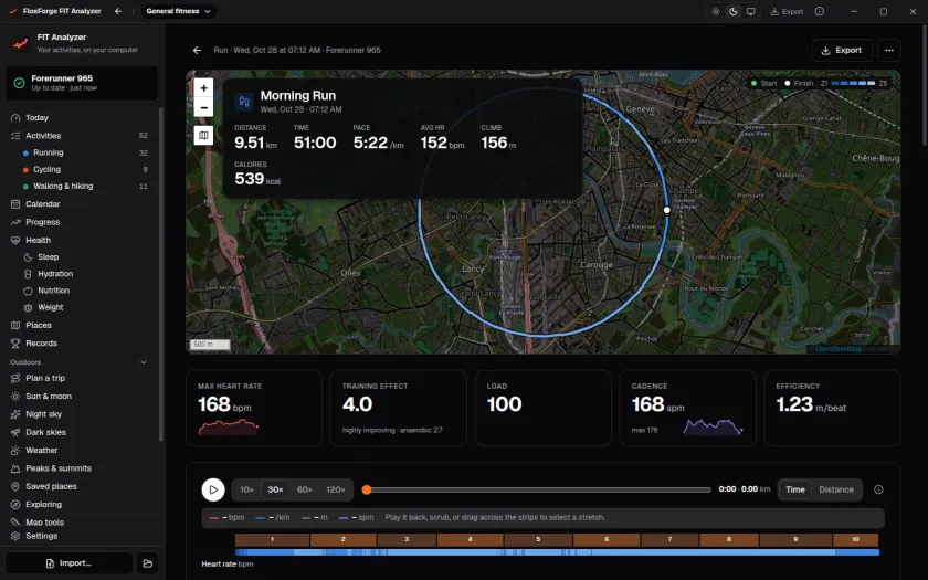 A morning run replayed on an OpenStreetMap map, with distance, time, pace, heart rate and climb above the route, and training effect, load and cadence below it