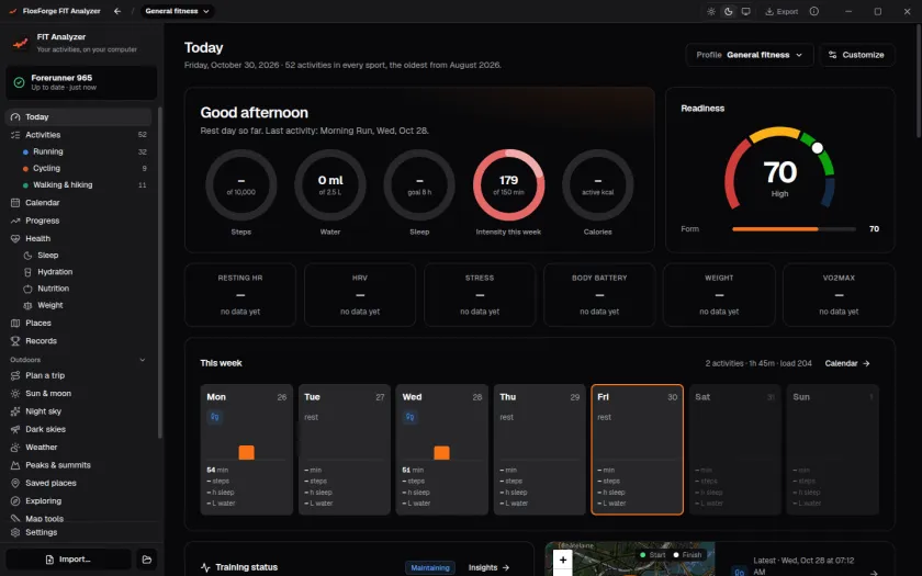 The Today page: a readiness gauge at 70, rings for steps, water, sleep, intensity minutes and calories, and the week day by day