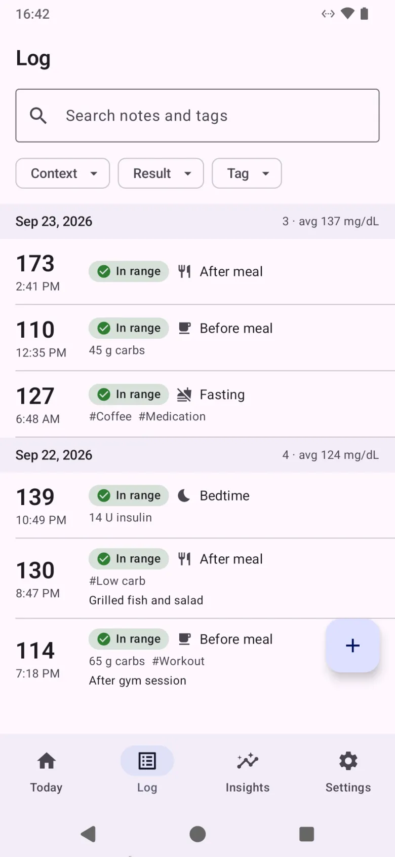 The Log tab, with a search field, filters for context, result and tag, and readings grouped by day with their context, carbs and notes