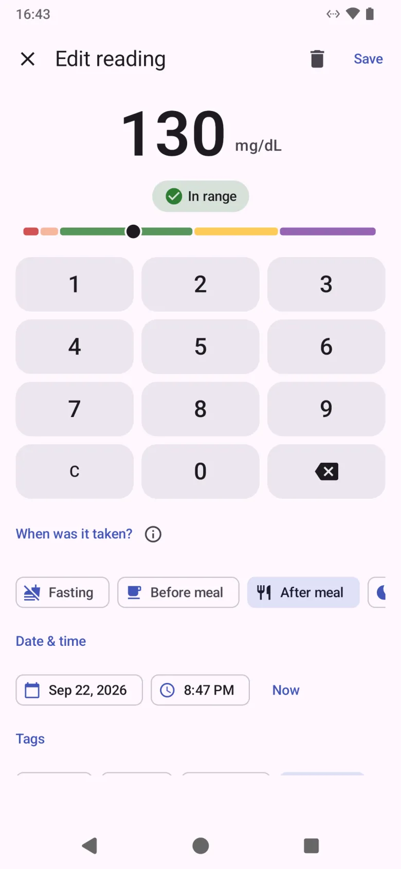 The reading entry screen, with a keypad, an in-range chip over a colour scale, and choices for when the reading was taken