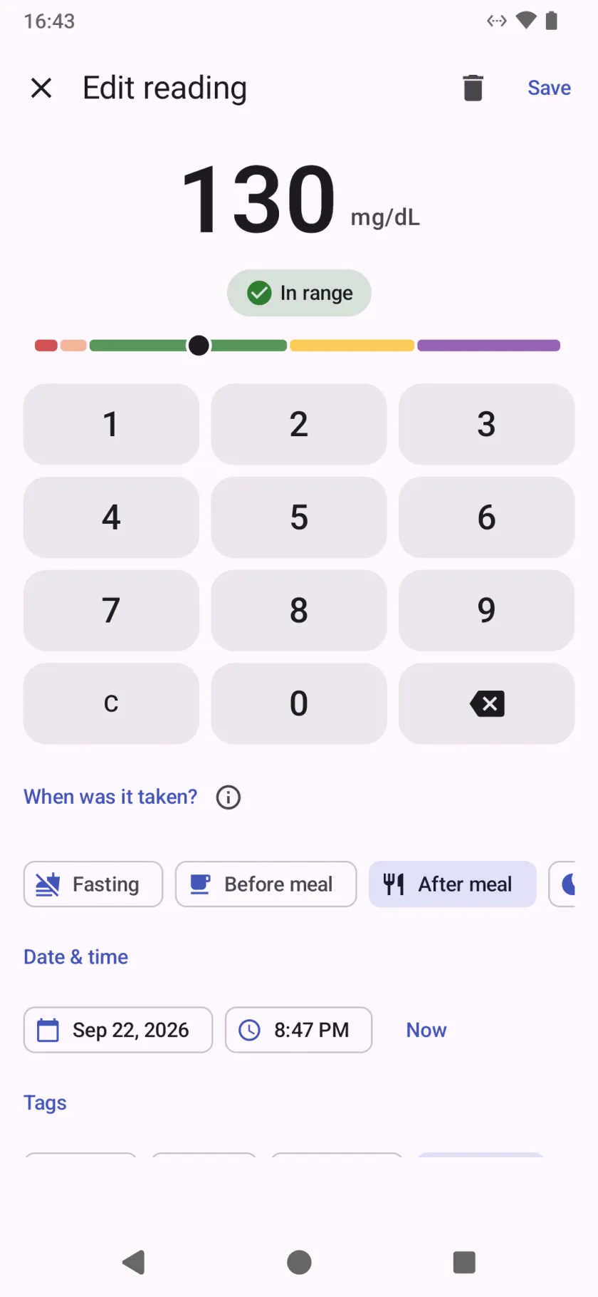 The reading entry screen, with a keypad, an in-range chip over a colour scale, and choices for when the reading was taken