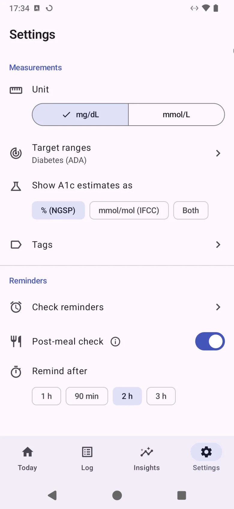 Settings, with the unit, target ranges, how A1c is shown, tags, check reminders and the post-meal reminder