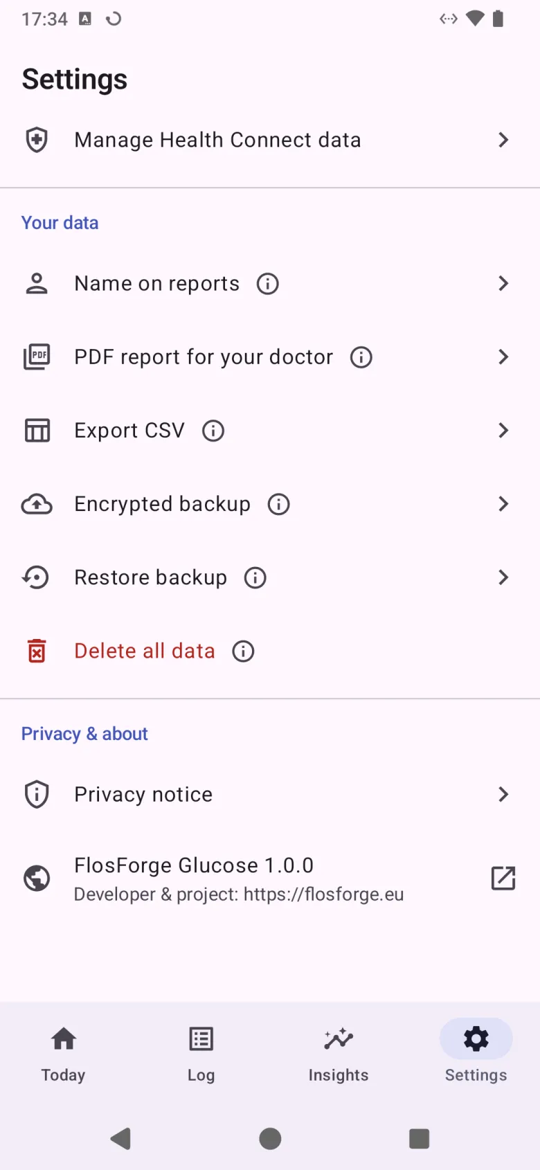 Further down Settings: Health Connect, then your data — name on reports, PDF report, CSV export, encrypted backup, restore and delete — and the privacy notice