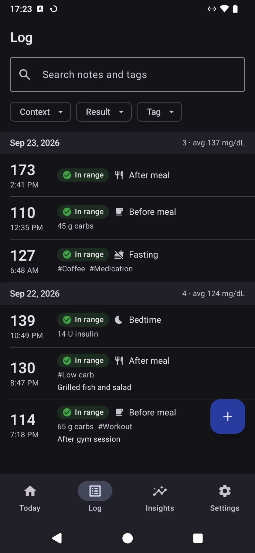 The Log tab, with a search field, filters for context, result and tag, and readings grouped by day with their context, carbs and notes