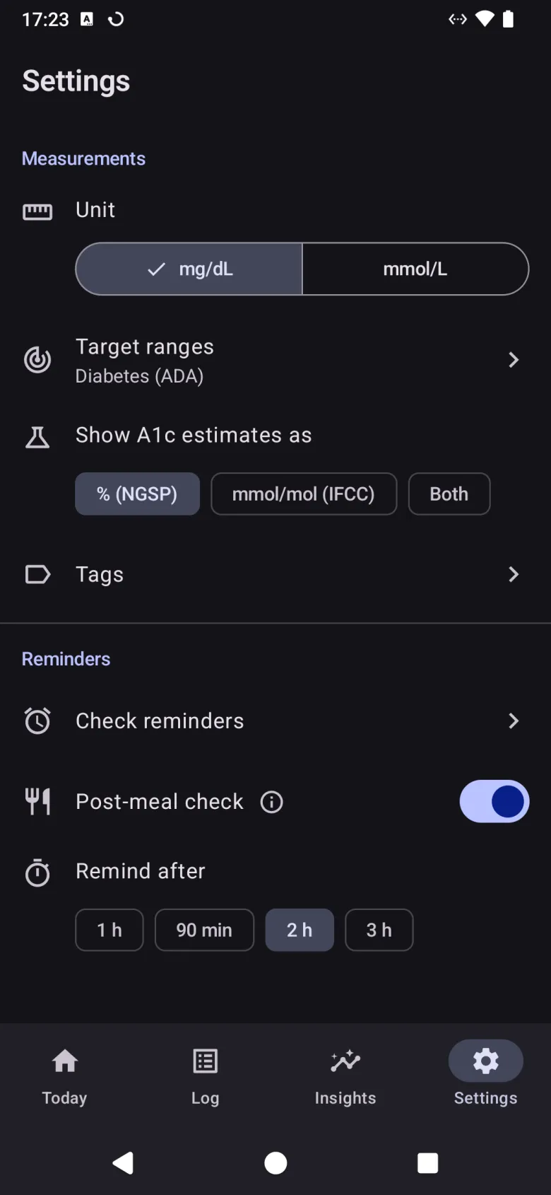 Settings, with the unit, target ranges, how A1c is shown, tags, check reminders and the post-meal reminder