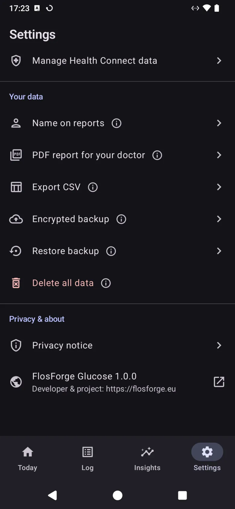 Further down Settings: Health Connect, then your data — name on reports, PDF report, CSV export, encrypted backup, restore and delete — and the privacy notice
