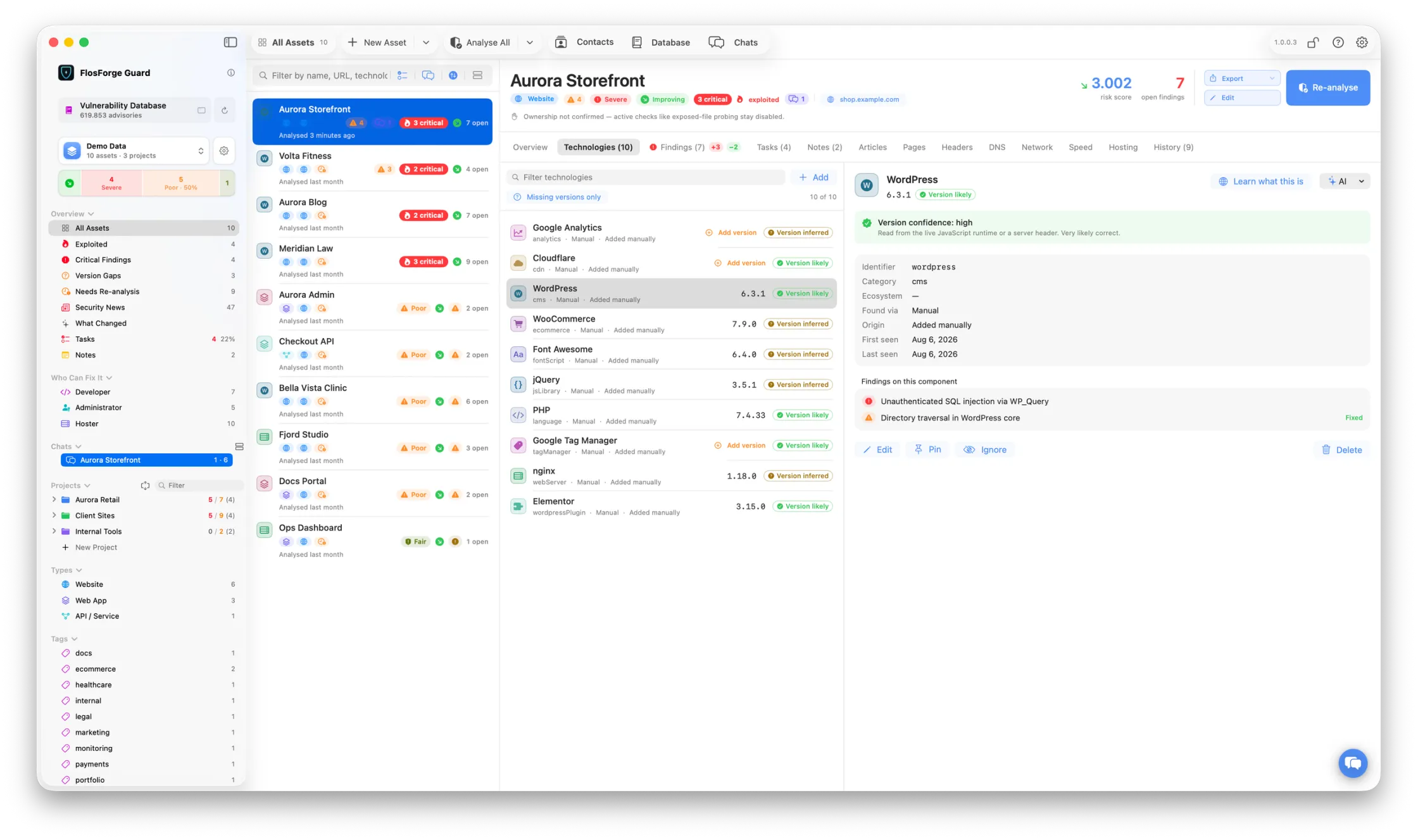 The Technologies tab, listing the components detected on a site with one selected