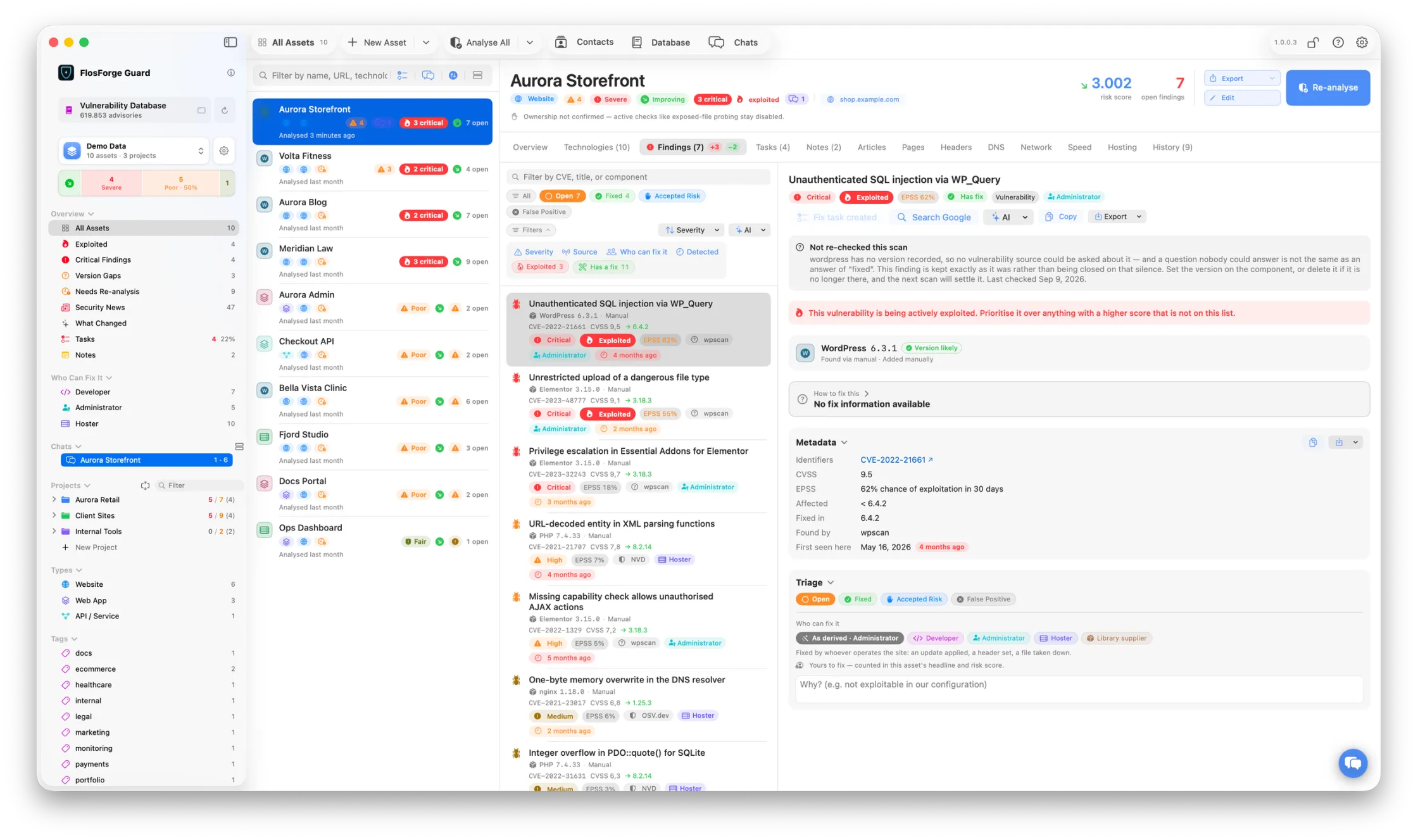The findings list for one asset with a critical SQL injection selected