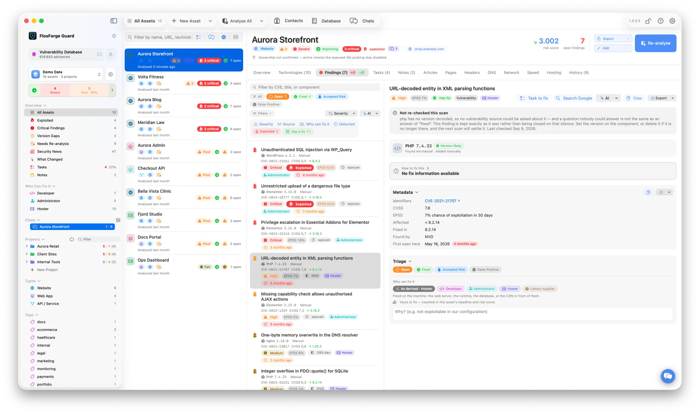 A finding open in the findings list, with the triage panel showing who can fix it