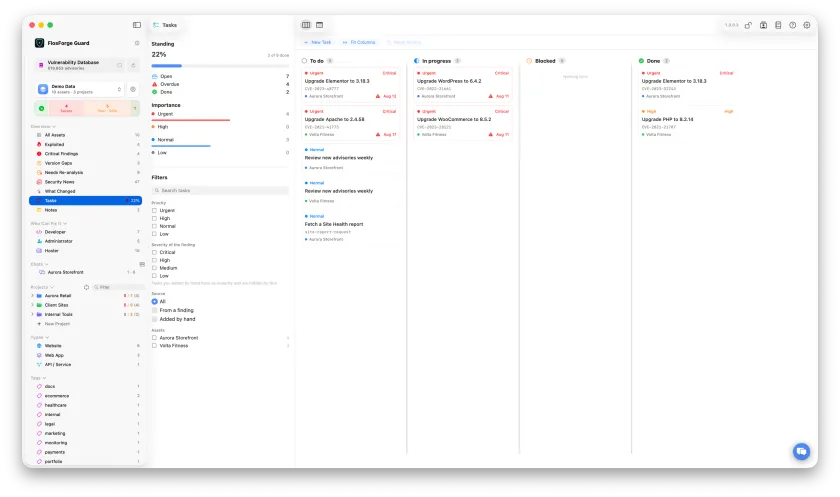 The Tasks board, with remediation work in to-do, in-progress, blocked and done columns
