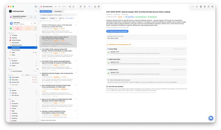 The Security News reader, showing an article alongside the assets it matched