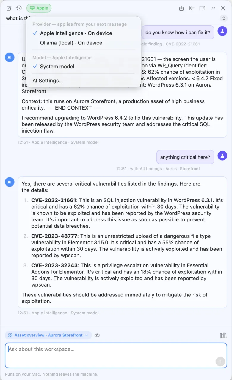 The chat window with the provider menu open on the on-device models