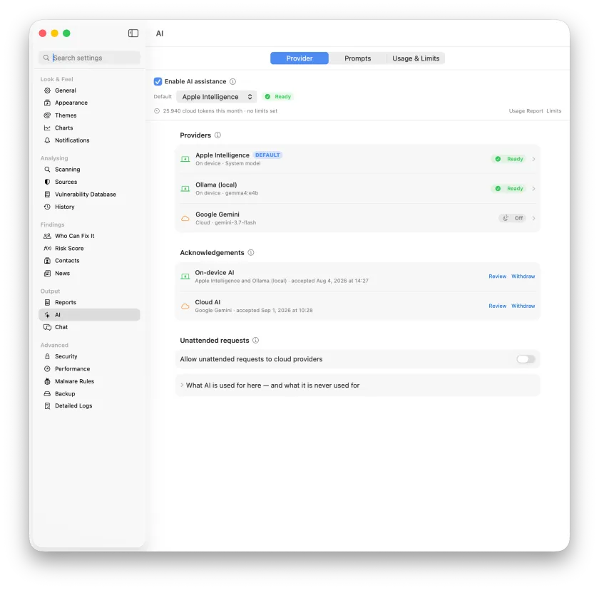 The AI settings pane, listing the available providers and their state