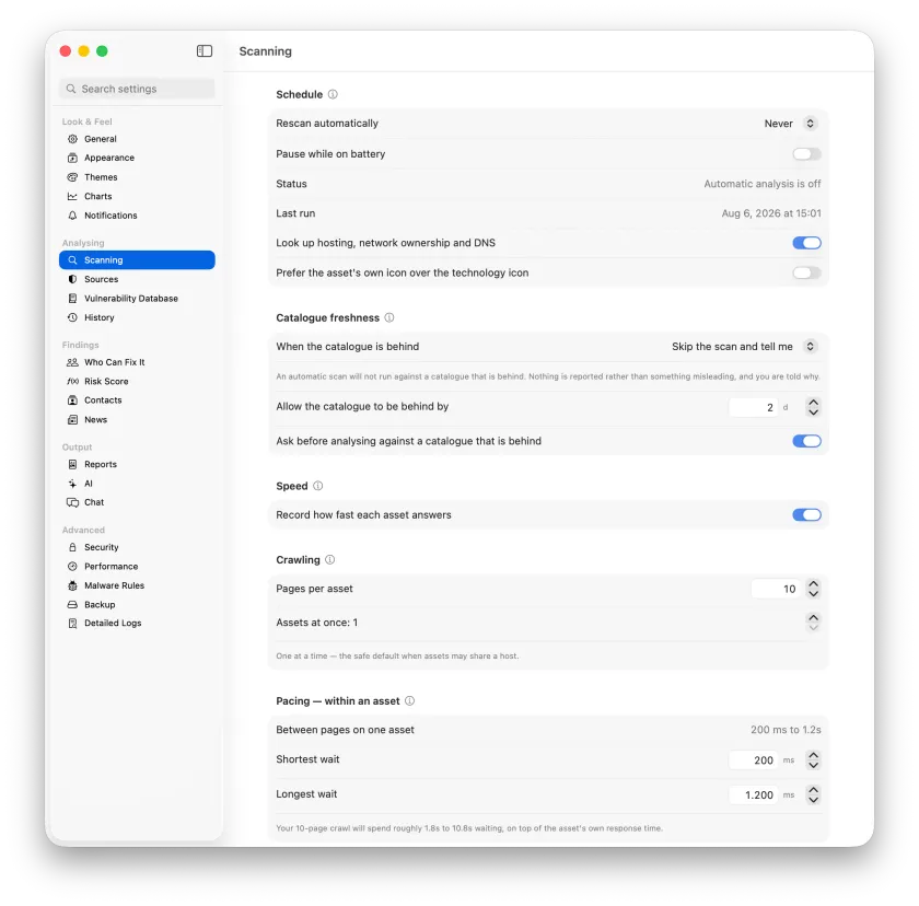 The Scanning settings pane, showing the schedule, catalogue freshness and crawl pacing